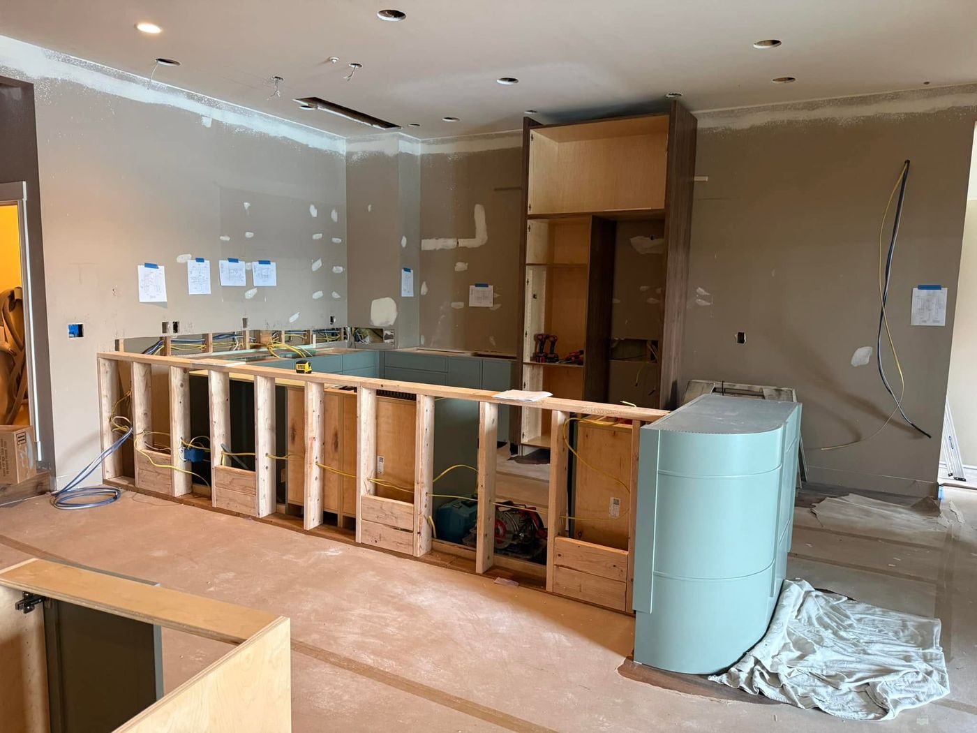Kitchen rough-in wiring in Lakewood: outlet boxes and cable runs in the framing before drywall